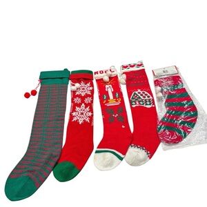 Vintage Used/new  Knit Christmas Stocking Pom Poms 26 23 15”Long Lot of 5 80s